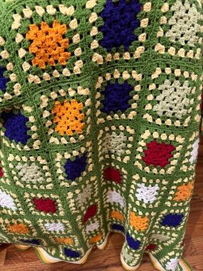 Handmade Crochet Granny Square Throw - Green with Multi Color Accents